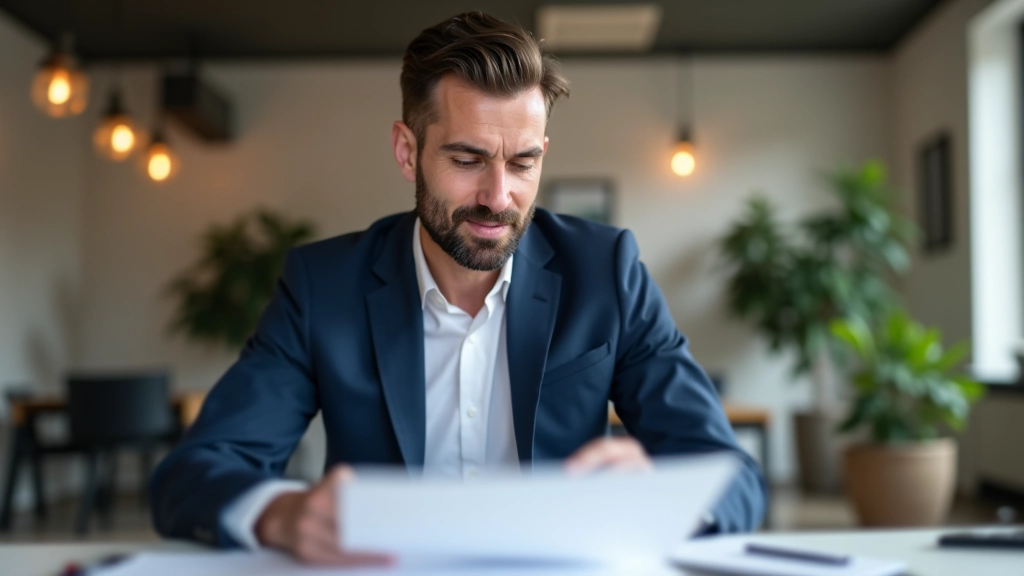 Banquier en costume parcourant des documents financiers et dossier de prêt à son bureau