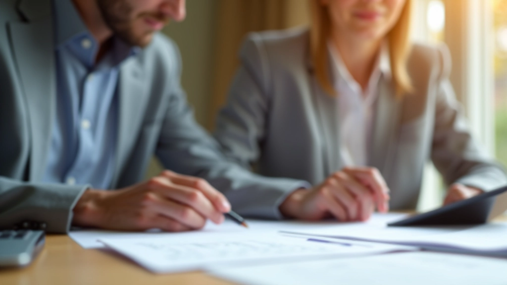 Couple assis à une table avec calculatrice et documents financiers, discutant de leur stratégie d'achat immobilier