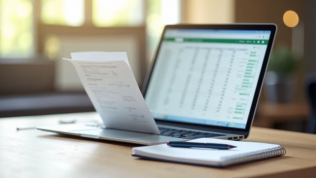 Ordinateur portable affichant un calcul de frais immobiliers avec stylo et bloc-notes